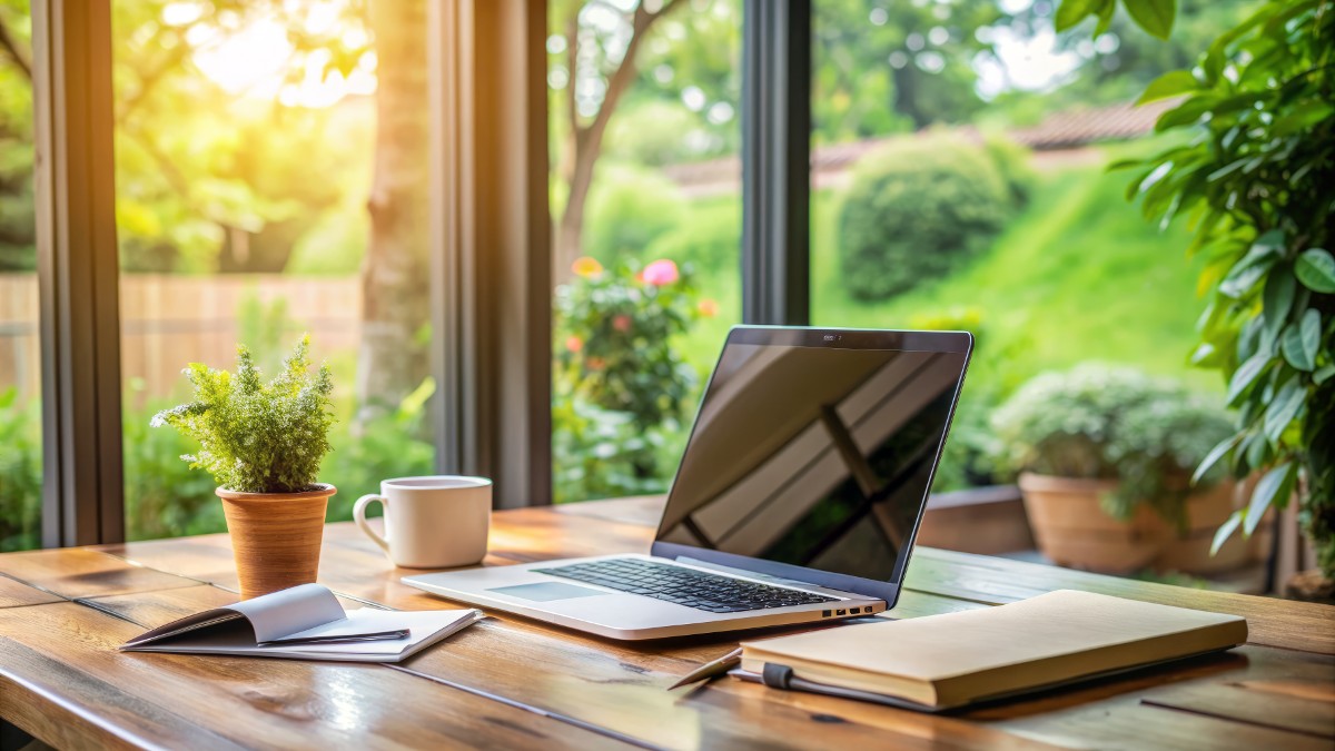 Laptop auf einem Tisch, im Hintergrund ein Graten.
