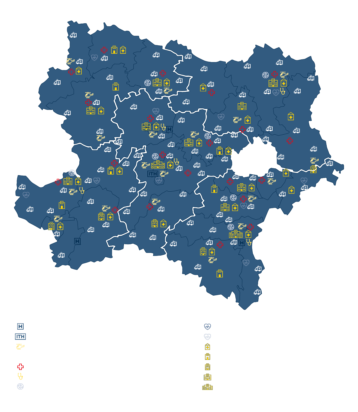 NÖ-Karte mit dichtem Versorgungsnetz, 171 Rettungsstandorte, 86 RTW-Standorte, 21 NEF-Einsatzfahrzeuge, 17 Helikopter-Landeplätze, 4 dauerhafte Standorte, 7 Stroke-Units, 5 Herzkatheterlabors, 6 ACN-Standorte + 4 in Evaluierung