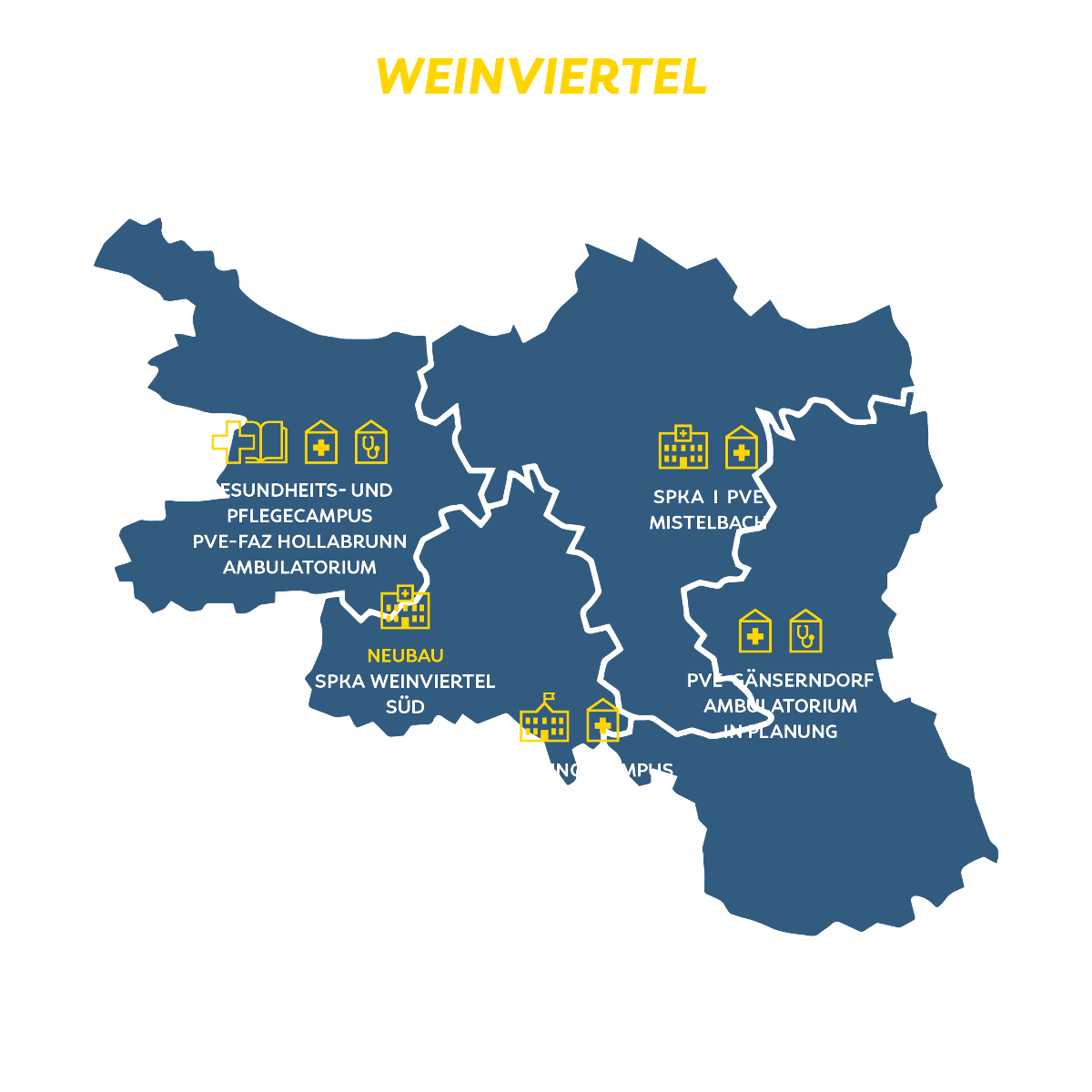 Karte des Weinviertels mit eingezeichneten Standorten der Einrichtungen, Mehr Informationen im Text 