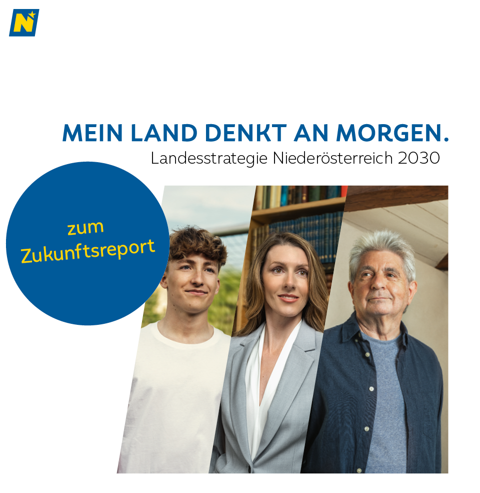 Text: Mein Land denkt am morgen, Landesstrategie 2030 Niederösterreich; Bild: Junger Mann, berufstätige Frau, älterer Herr blicken in die Zukunft; Link zu den Befragungsergebnissen.